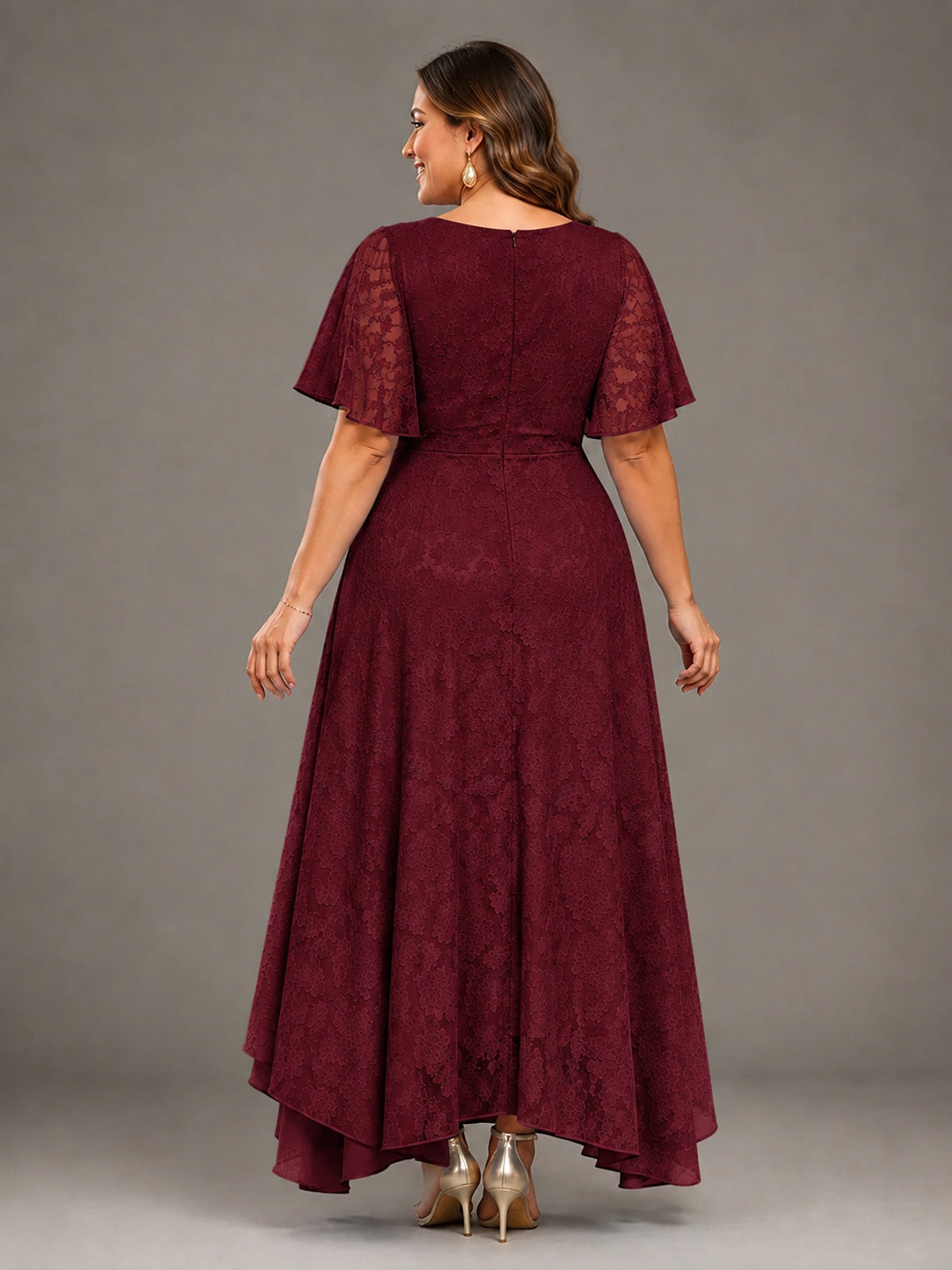 Jacquard Chiffon A-Line V-Neck High-Low Mother of the Bride Dress