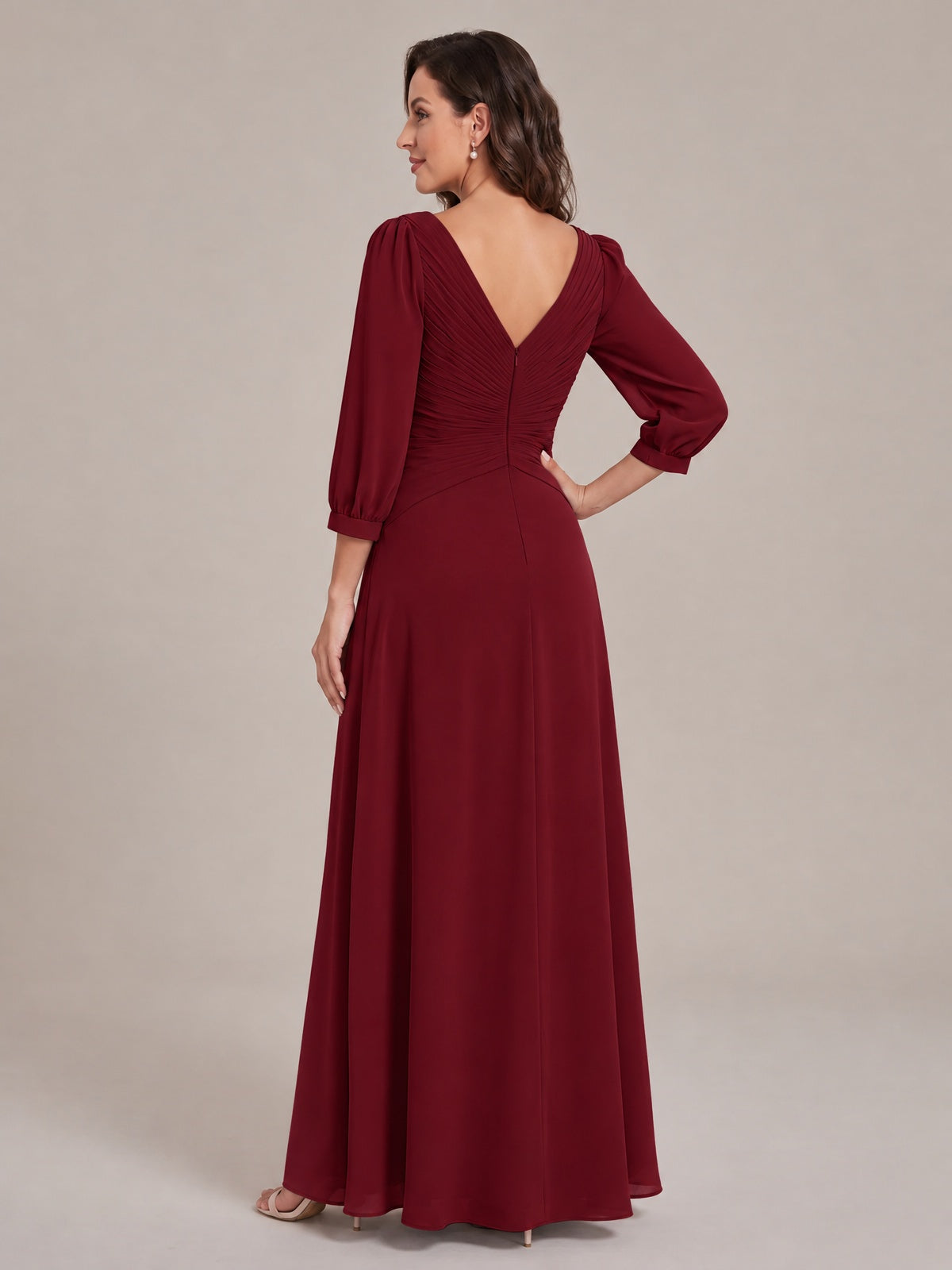 V-Neck Pleated Chiffon Mother of the Bride Dress with Flutter Sleeves