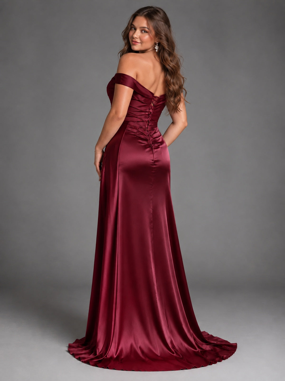 Off Shoulder Satin Maxi Dress with Slit