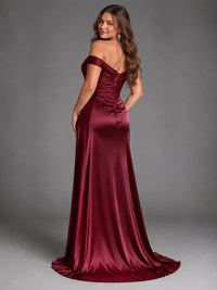 Off Shoulder Satin Maxi Dress with Slit