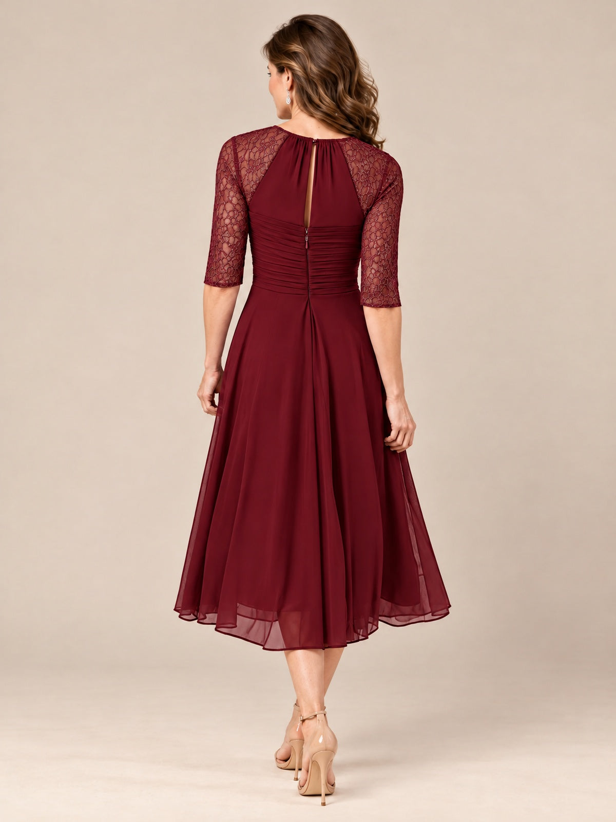 Tea-Length Mother of the Bride Dress with Lace 3/4 Sleeves
