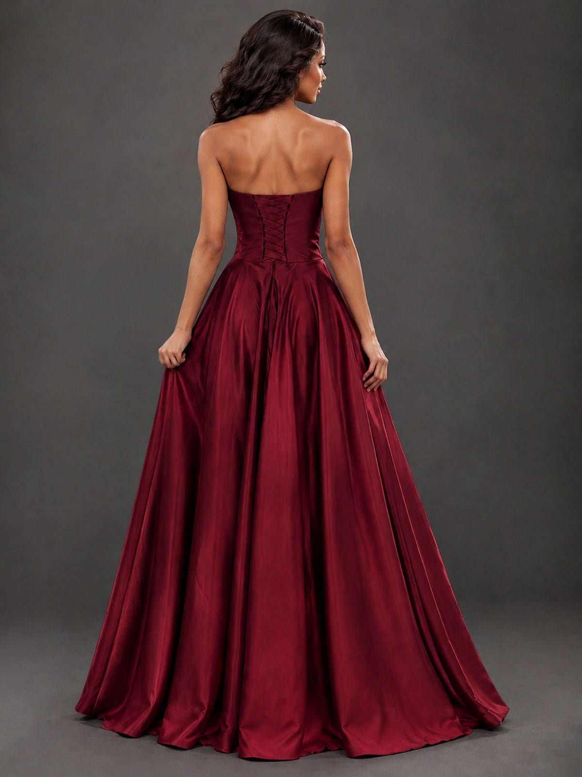 Draped Satin Prom Dress Strapless A-line Formal Dress Floor Length