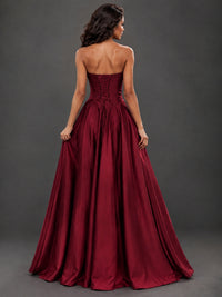 Draped Satin Prom Dress Strapless A-line Formal Dress Floor Length