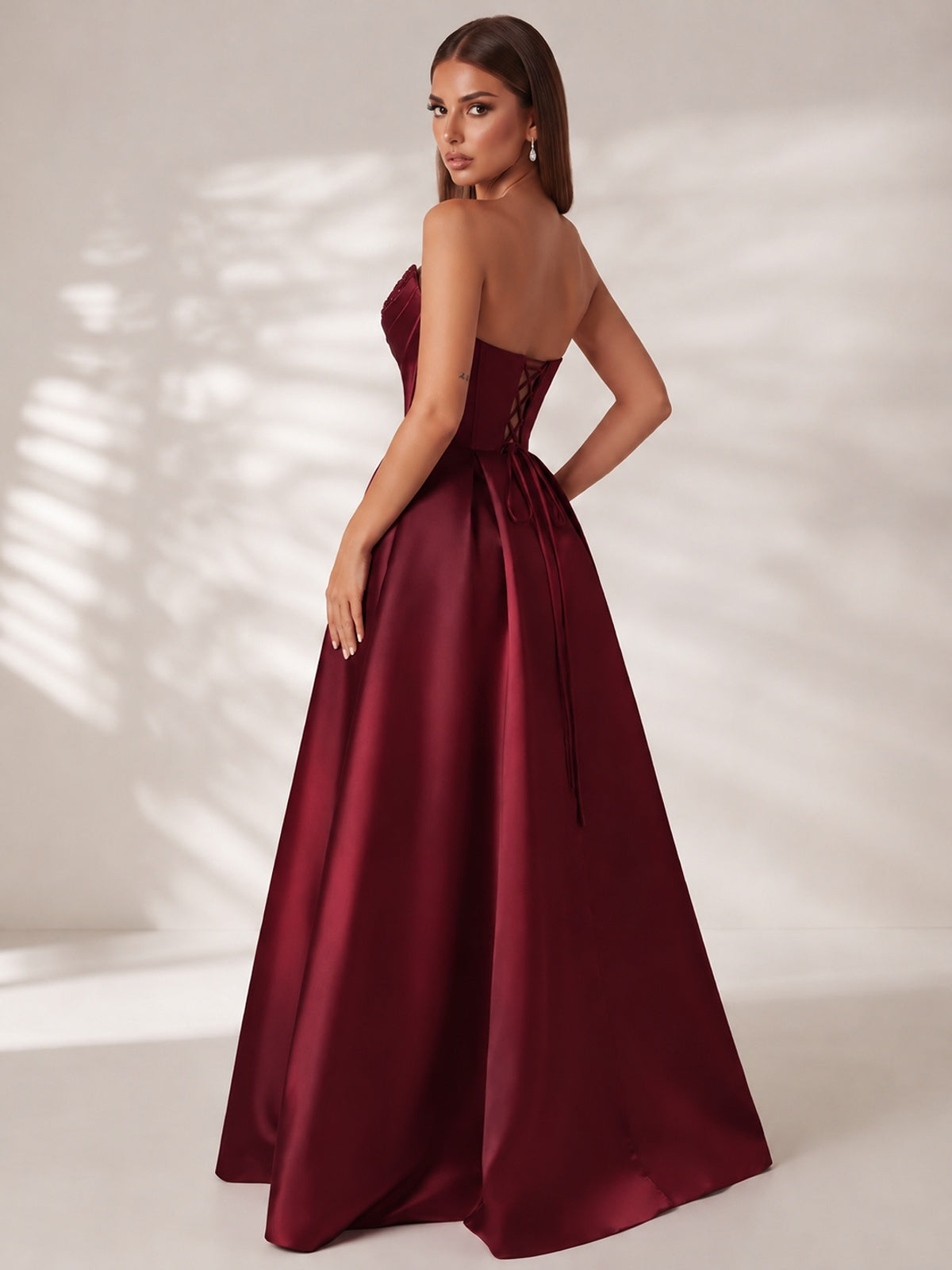 Strapless Corset Satin Prom Dress Long Evening Gown with High Slit