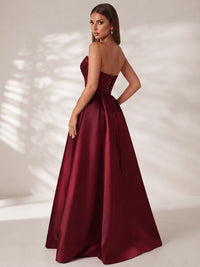 Strapless Corset Satin Prom Dress Long Evening Gown with High Slit