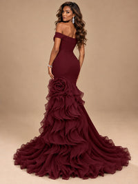 Dusty Blue Off-the-Shoulder Mermaid Prom Dress with 3D Rose & Ruffles