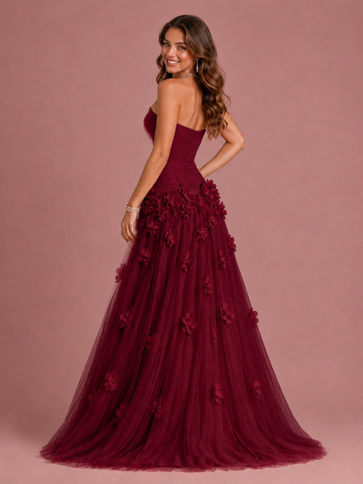 Blush Pink Strapless Sweetheart 3D Floral Tulle Ball Gown Prom Dres