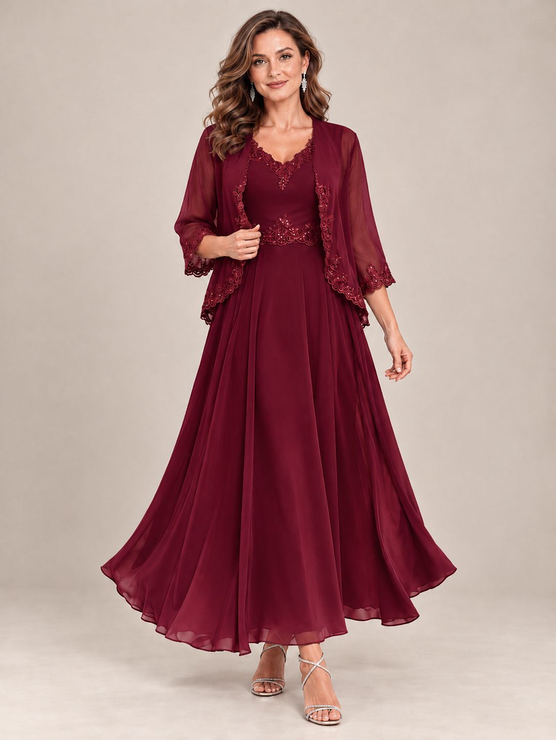 Dusty Blue Floral Lace Chiffon Mother of the Bride Dress with Jacket