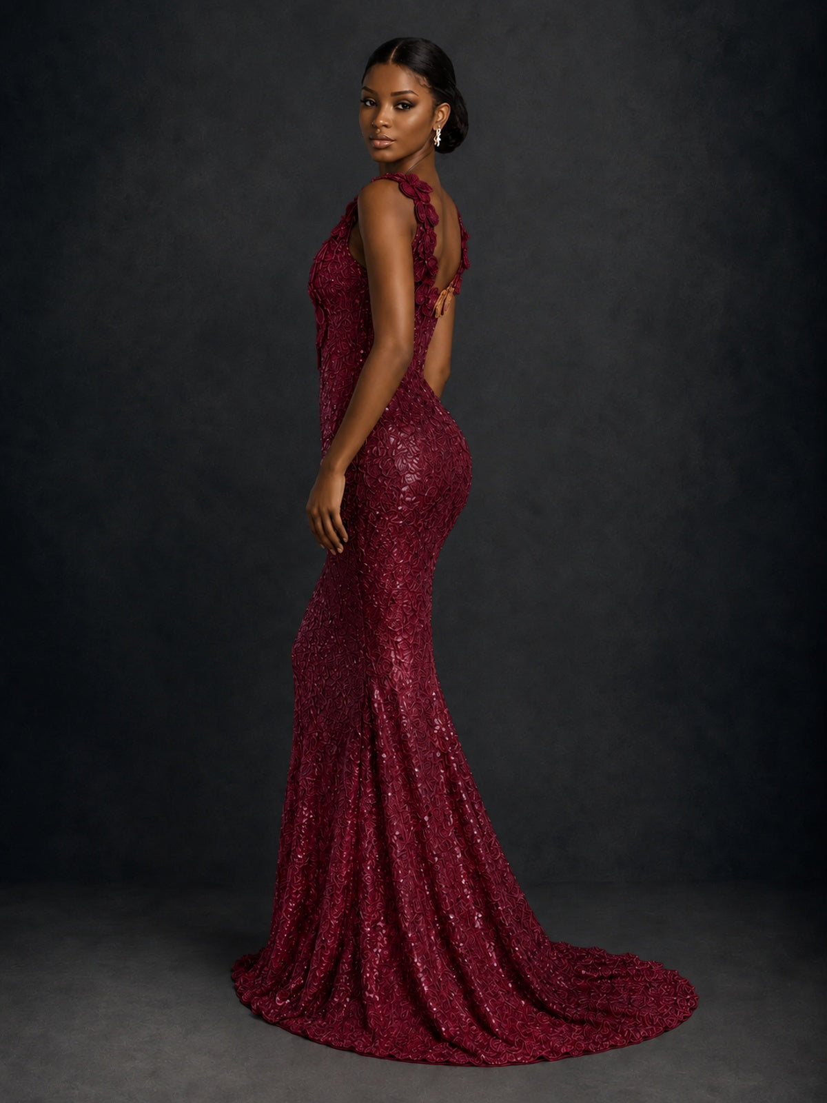 Gold Sequin Floral Applique Mermaid Prom Dress