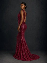 Gold Sequin Floral Applique Mermaid Prom Dress
