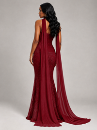 Pleated Chiffon Lace Prom Dresses Long Bodycon Mermaid with Scarf