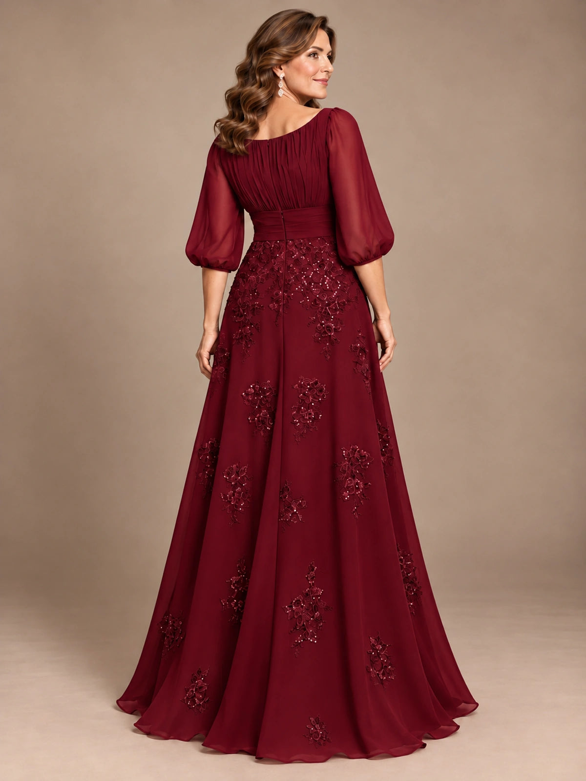 A-Line Mother of the Bride Dress with Sheer Puff Sleeves