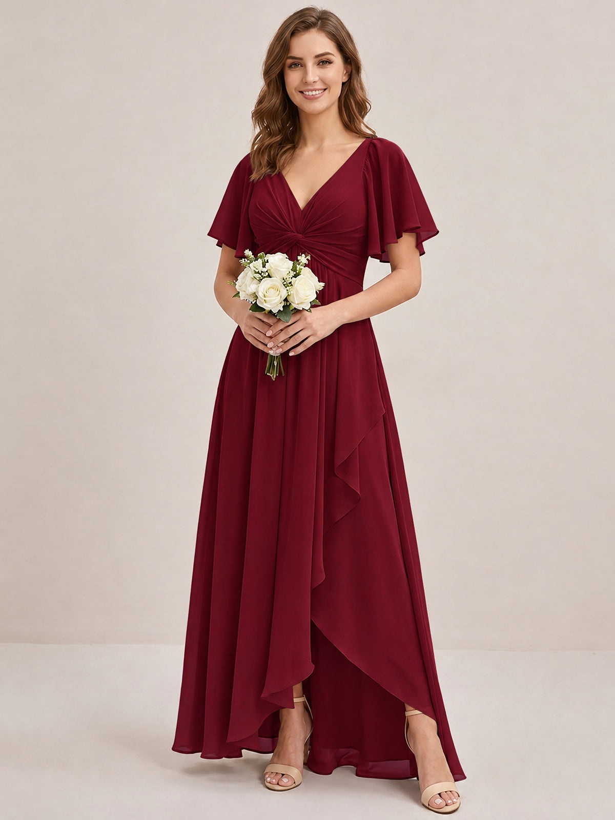 Dusty Blue Chiffon Bridesmaid Dress with Flutter Sleeves & High-Low Hem