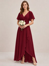 Dusty Blue Chiffon Bridesmaid Dress with Flutter Sleeves & High-Low Hem