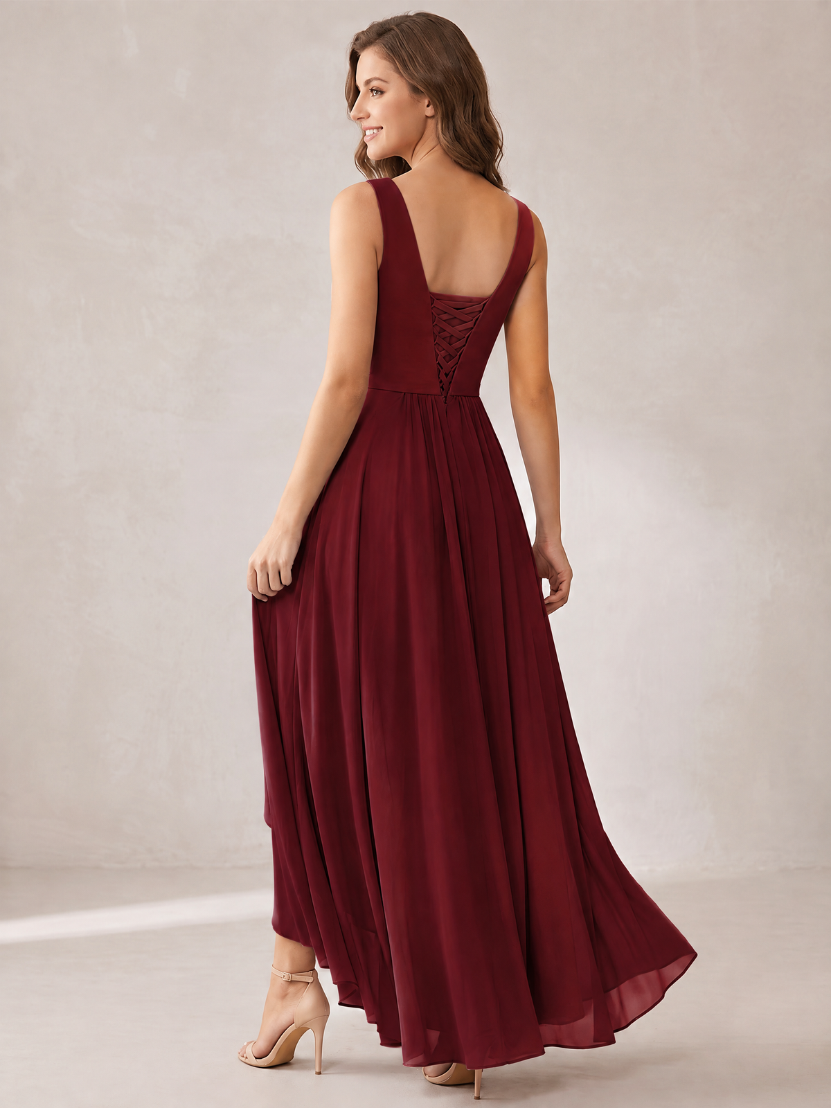 V-Neck High-Low Chiffon Bridesmaid Dress with Ruffles