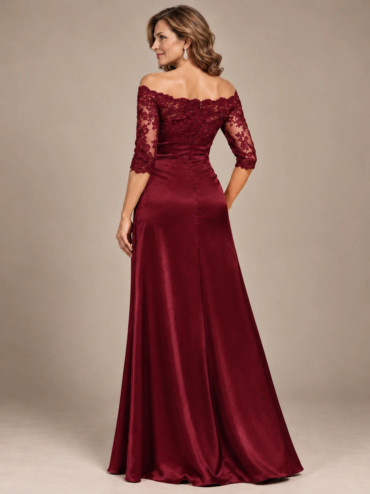 Satin Mother of the Bride Dress with Lace Sleeves Off Shoulder Formal Gown