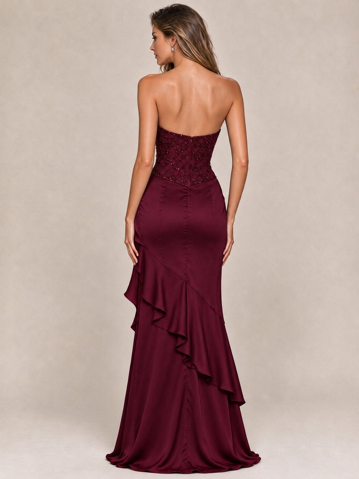 Strapless Lace Appliques Corset Satin Prom Dress Ruffle Slit Evening Gown