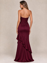 Strapless Lace Appliques Corset Satin Prom Dress Ruffle Slit Evening Gown