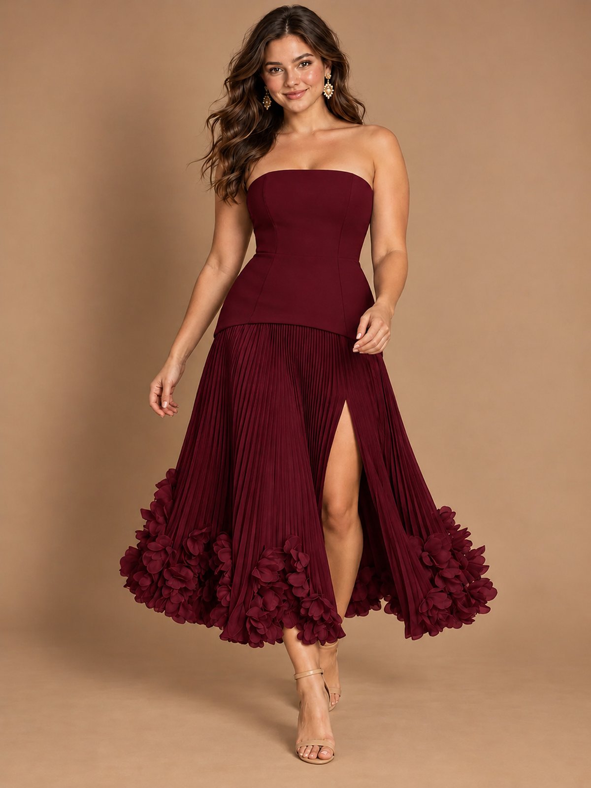 Navy Blue Strapless Pleated A-Line Midi Dress with 3D Floral Applique