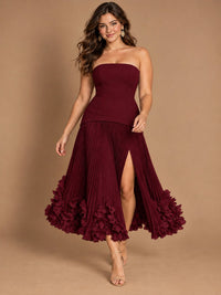 Navy Blue Strapless Pleated A-Line Midi Dress with 3D Floral Applique