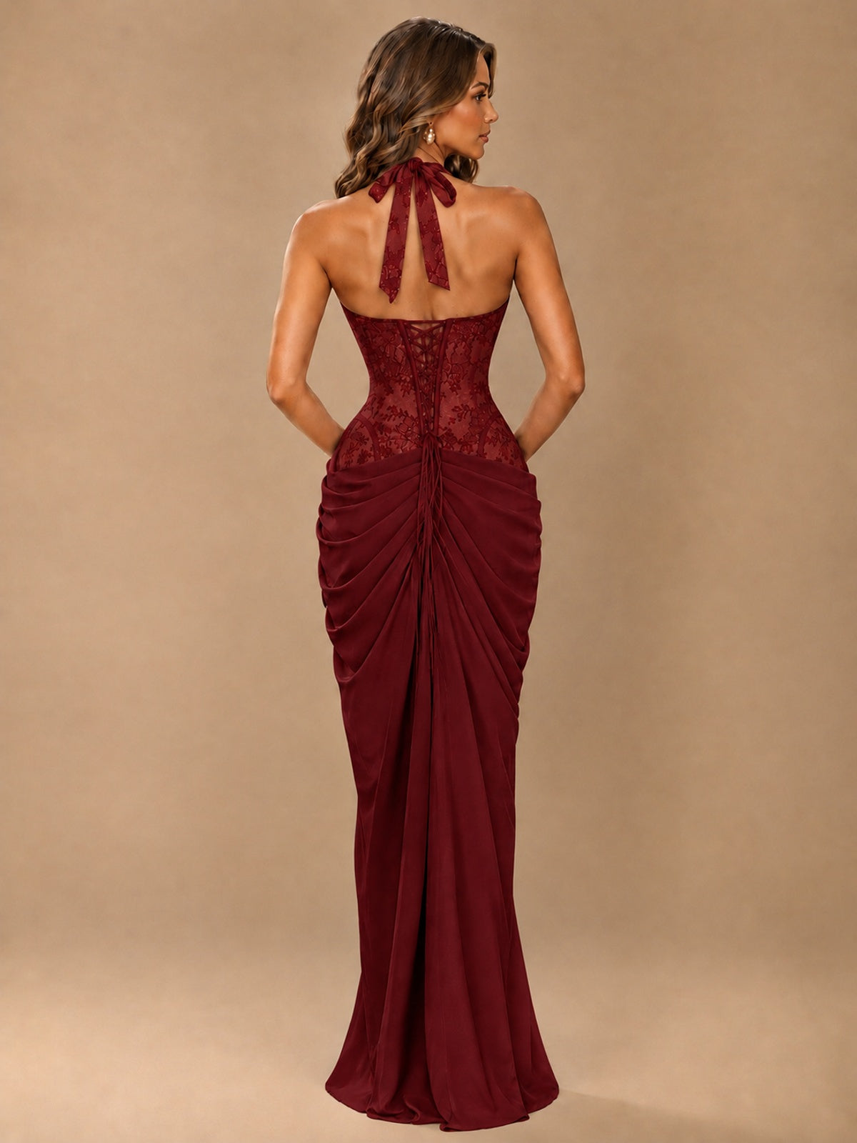 Sweetheart Halter Prom Dress Pleated Lace Floral Formal Dress with Slit