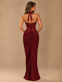 Sweetheart Halter Prom Dress Pleated Lace Floral Formal Dress with Slit