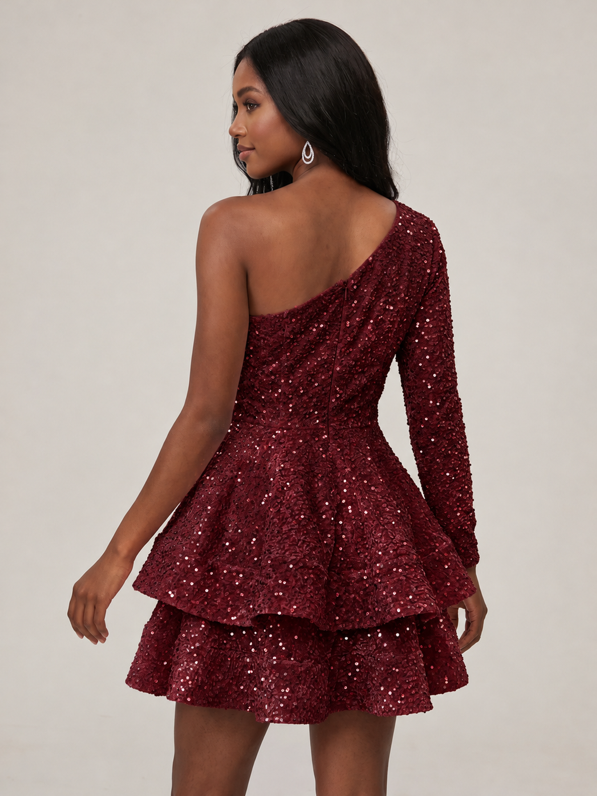 Puffy One Shoulder Sequin Tiered Mini Dress