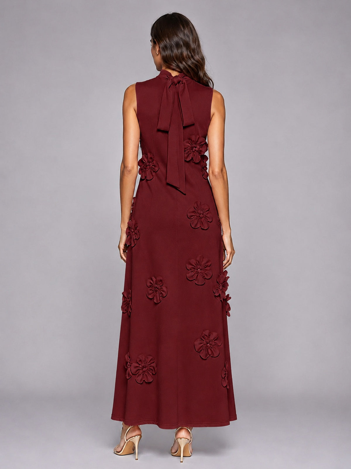 3D Floral Applique High Neck Prom Maxi Dress
