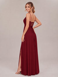 V-Neck Pleated Chiffon Long Bridesmaid Dress with Slit