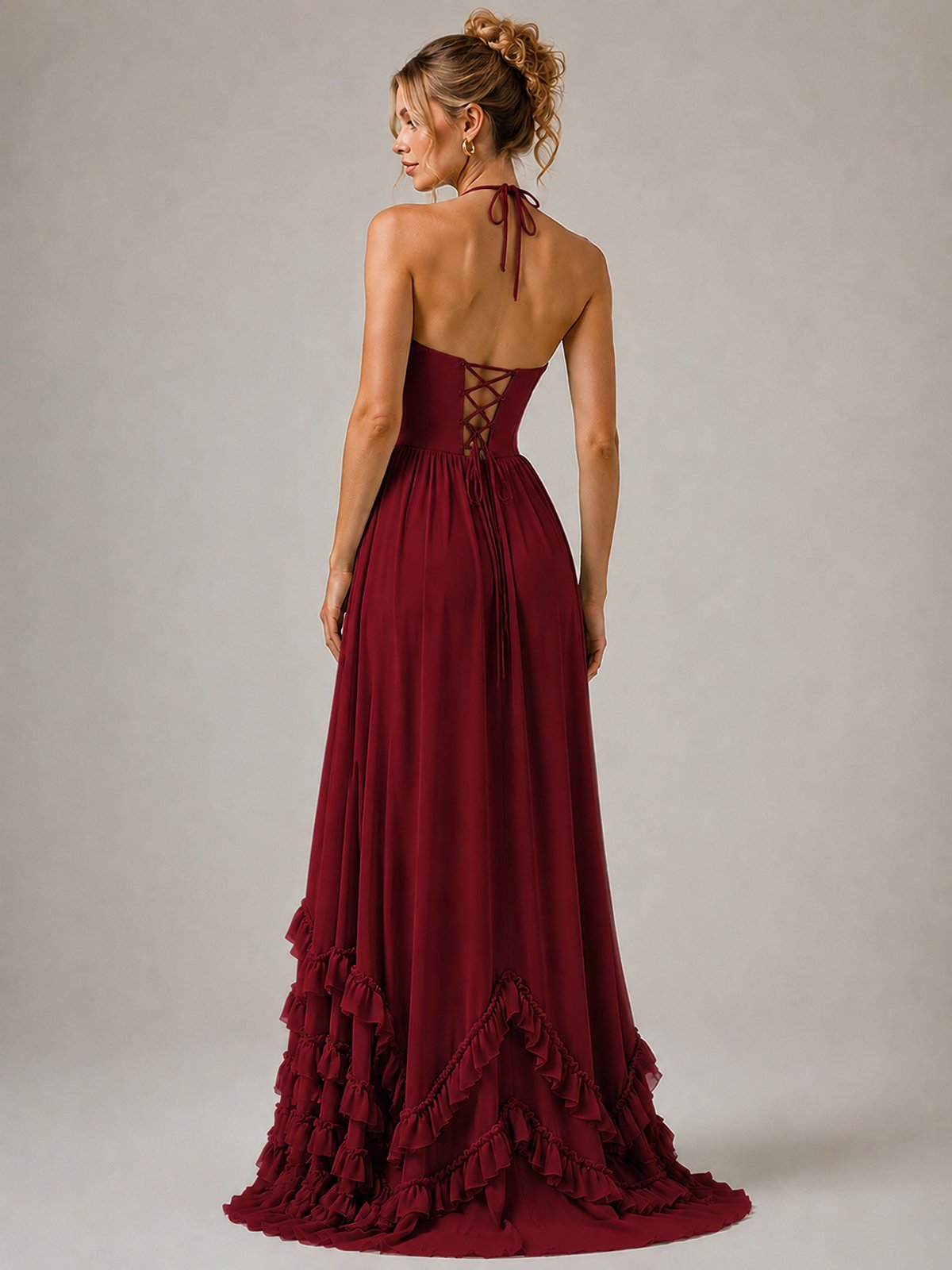 Halter V Neck Chiffon Formal Dress with Lace-Up Back and Ruffle Hem