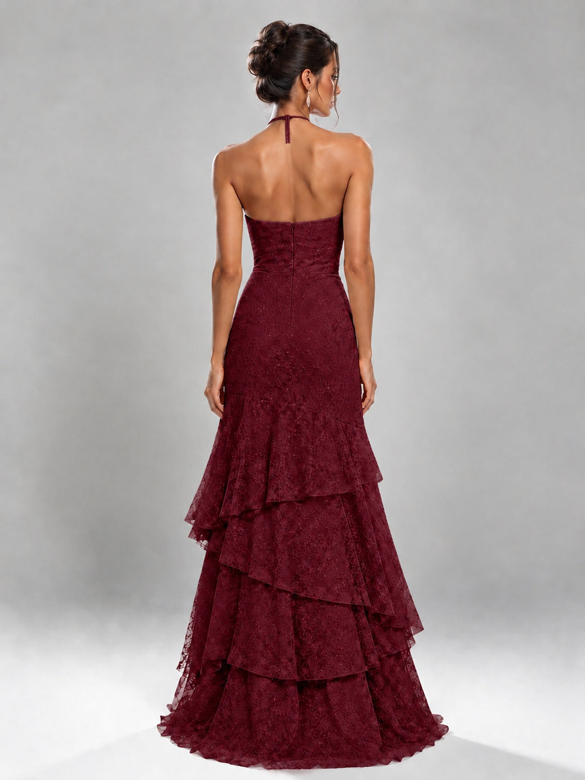 Halter Tiered Mermaid Prom Dress with Sparkly Lace
