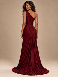 Burgundy One Shoulder Ruched Prom Dress with High Slit & Beaded Waist