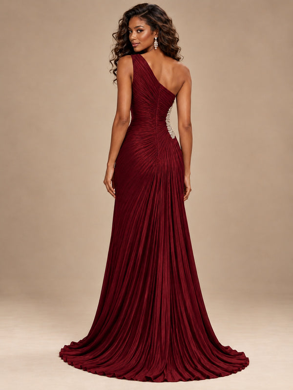 Burgundy One Shoulder Ruched Prom Dress with High Slit & Beaded Waist