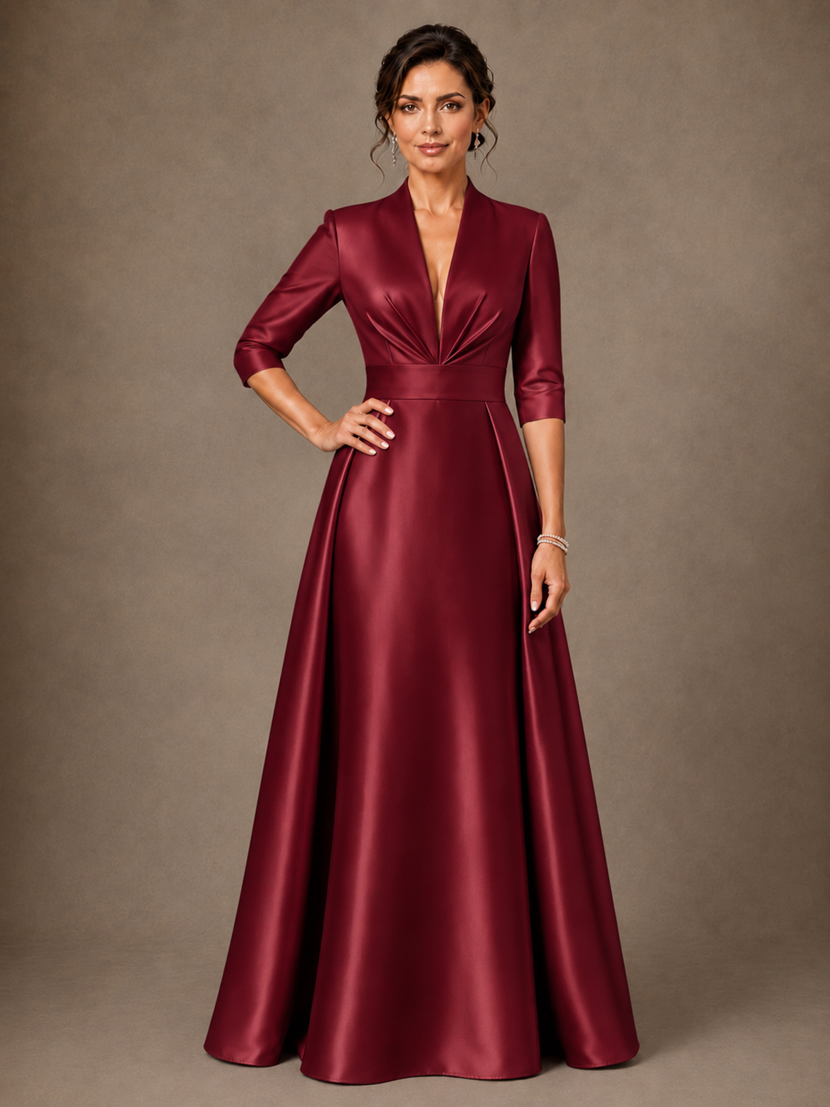 V-Neck Pleated Satin Mother of the Bride Gown with 3/4 Sleeves