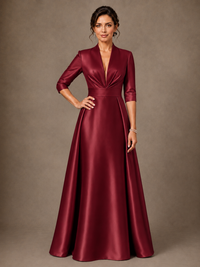 V-Neck Pleated Satin Mother of the Bride Gown with 3/4 Sleeves
