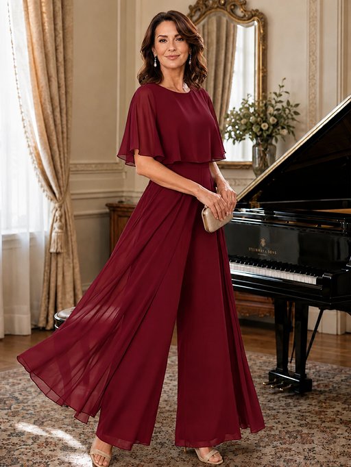 Chiffon Mother of the Bride Jumpsuit with Layered Cape Sleeves