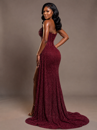 Luxury Strapless Sequin Corset Mermaid Prom Dress with High Slit & Train