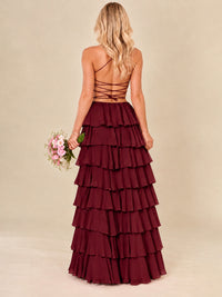 Ruffled Tiered Chiffon Prom Dress Spaghetti Straps Formal Maxi Dress with Slit