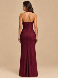 Halter V-Neck Sequin Mermaid Prom Dress with High Slit