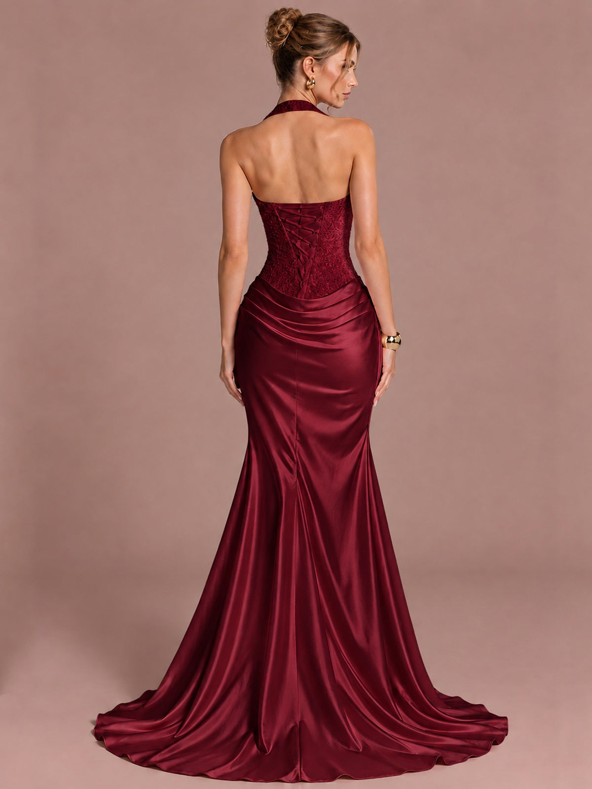Sparkling Halter Corset Satin Mermaid Prom Dress