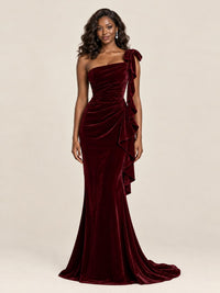 Black Velvet One-Shoulder Mermaid Evening Gown with Bow & Ruffles