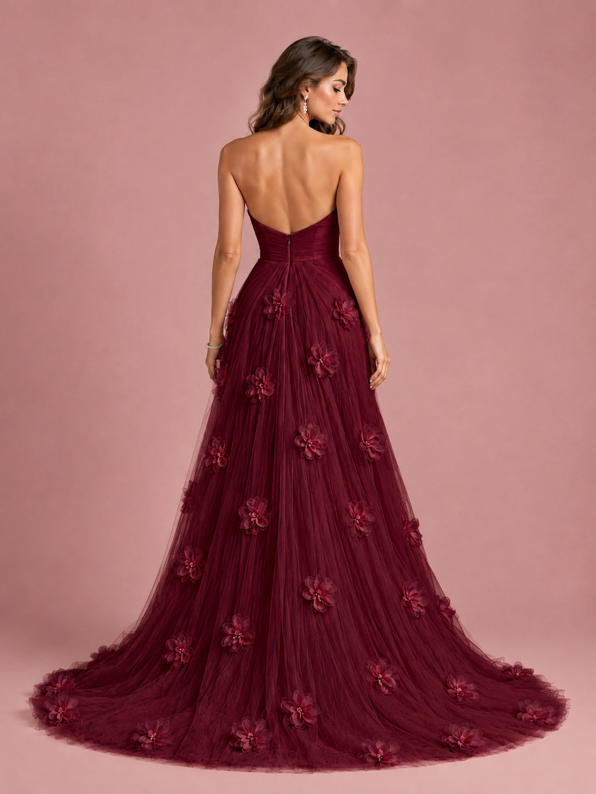 3D Floral Applique Strapless Tulle Prom Dress with High Slit