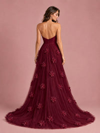 3D Floral Applique Strapless Tulle Prom Dress with High Slit