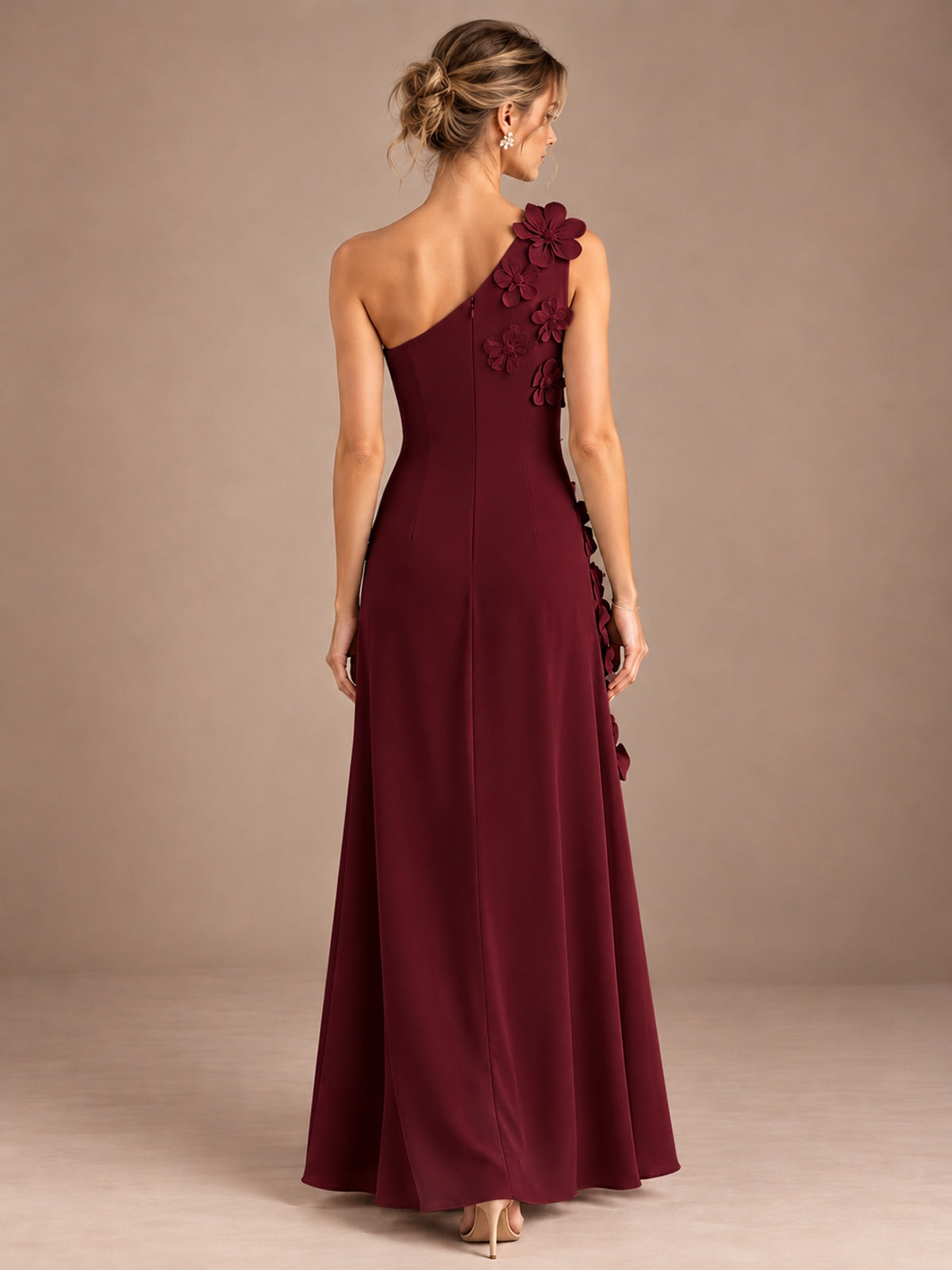 Sage Green One Shoulder Satin Formal Maxi Dress with 3D Floral