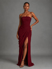 Strapless Bodycon Pleated Chiffon Formal Dress with Slit