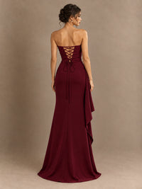 Black and White Strapless Ruched Prom Dress with High Slit & Side Drape