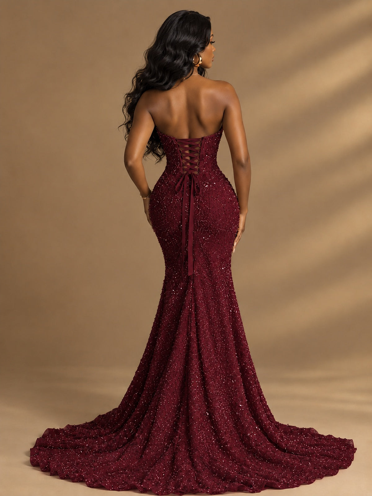 Beaded Sequin Prom Dress Strapless Formal Gowns with High Slit Train
