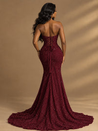 Beaded Sequin Prom Dress Strapless Formal Gowns with High Slit Train