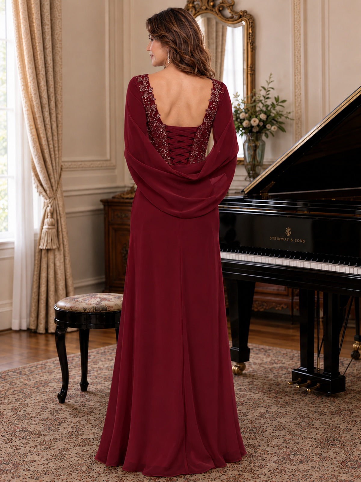 Elegant Applique Chiffon Mother of the Bride Dress with Cape Sleeves