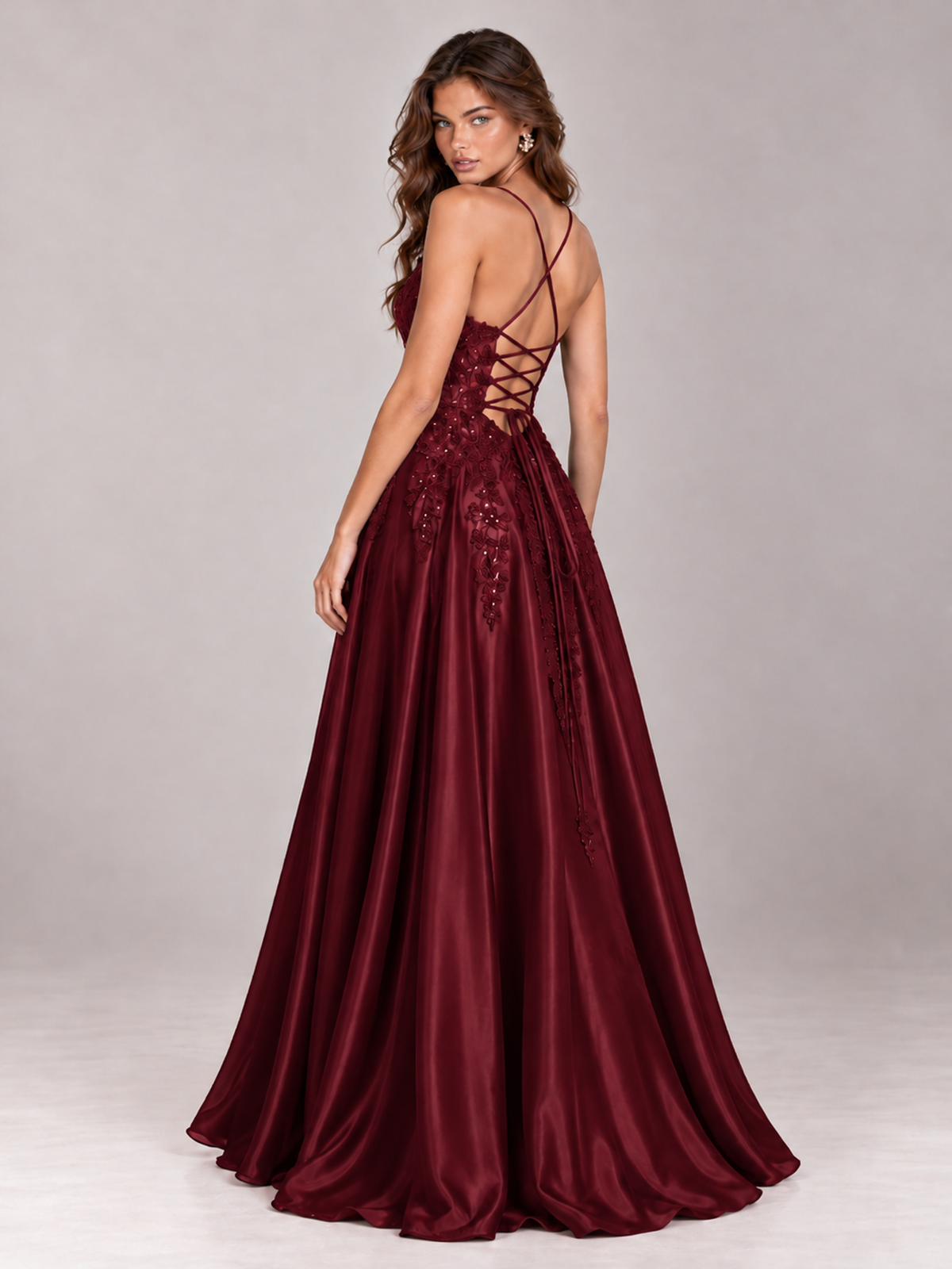 Lace Applique Satin A-Line Prom Dress with Sheer Bodice